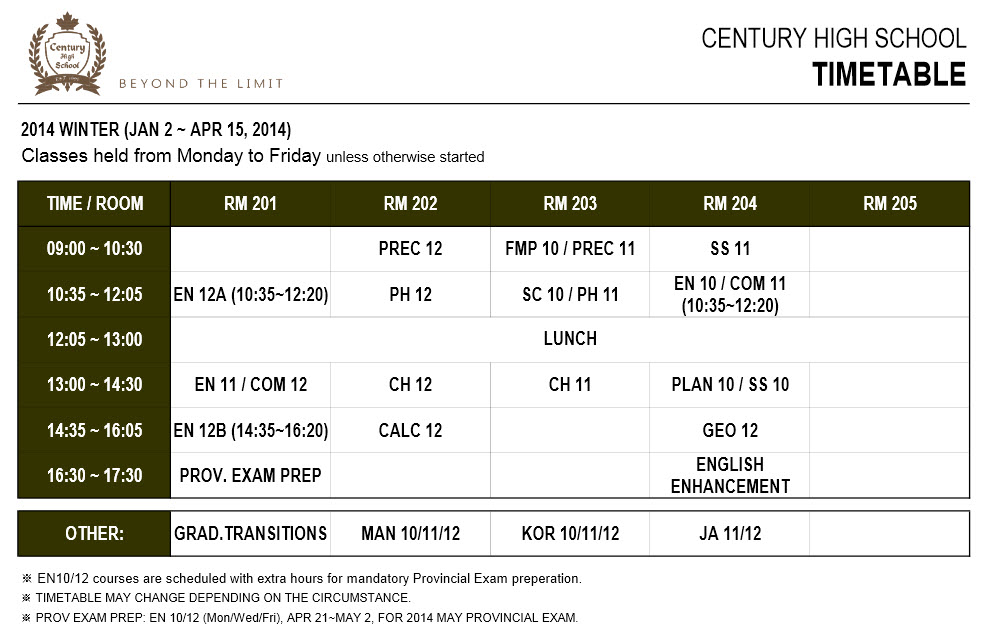 Century High School 2014 Winter Timetable